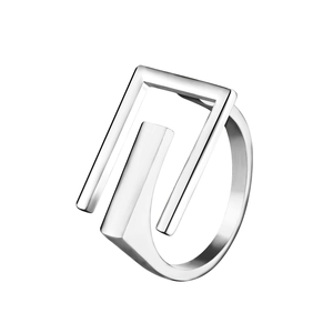 Modern minimalist silver hollow E-letter open ring with geometric abstract design
