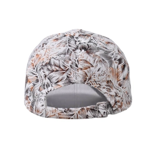 Rear view of white cotton baseball cap with leaf print and adjustable metal buckle