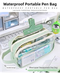Macro shot of 3-layer large capacity clear pencil case with side handle and zipper detail