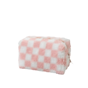Astuccio in peluche a scacchi rosa con grande capacità e morbida consistenza per studenti