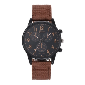 Men's fashion quartz watch with brown canvas strap and black dial by Geneva brand