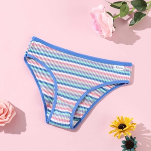 Women's cotton ribbed panties with pastel stripes on a floral background, low waist design