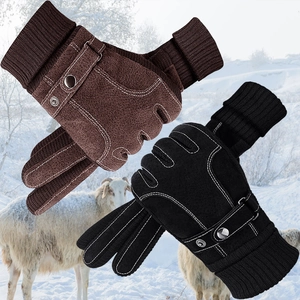 Men's Winter Warm Genuine Pigskin Leather Gloves With Ribbed Knit Cuffs Anti-Slip Suede Fleece Lined Touch Screen Outdoor Skiing Driving Gloves
