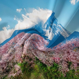 Detailed view of Mount Fuji and cherry blossom print on soft bohemian tapestry fabric
