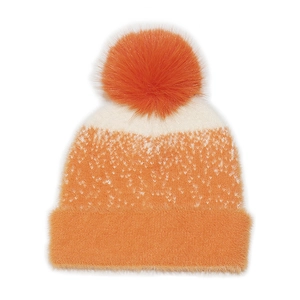 Orange and cream knit beanie with faux mink fur texture and large plush pom-pom