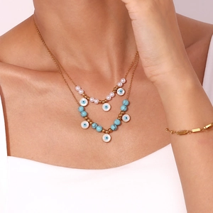 18K gold plated double layer necklace set with turquoise beads and evil eye pendant