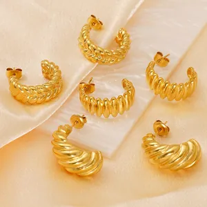 Croissant Hoop Earrings 18K Gold Plated Stainless Steel Twisted Geometric Textured Fashion INS Style Vintage Jewelry