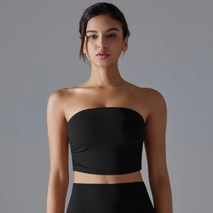 Close-up of minimalist black tube top showing the high-elasticity matte sports fabric
