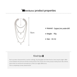 Detailed view of silver multi-layer tassel necklace with size specifications and dimensions