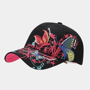 Detailed embroidery of colorful butterflies and sequins on a black baseball cap
