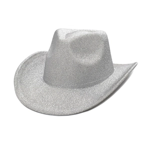 Detailed view of silver glitter cowboy hat with sparkling texture for party and club