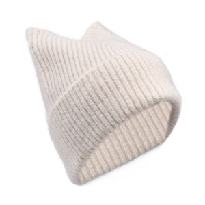 Detailed texture of off-white knit cat ear beanie with vertical ribbed patterns