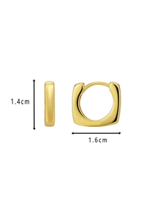 Polished gold square hoop earrings size dimensions showing 1.4cm height and 1.6cm width