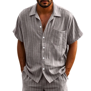Detail of men's grey vertical striped short sleeve shirt with chest pocket and white buttons