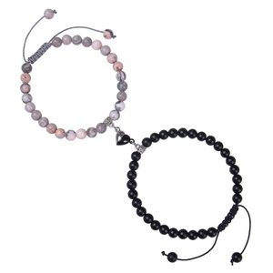 Handmade Woven Couple Magnetic Heart Matching Bracelet Natural Pink Zebra Stone Frosted Beads Adjustable Rope Bracelet Lovers Jewelry Gift
