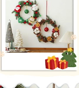 Detail of Christmas wreath with pine needles, cotton, pine cones and small tree ornaments