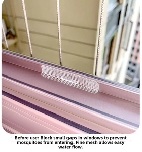 Close-up of fine mesh drain hole screen stickers for window frames preventing mosquito entry