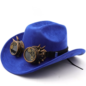 Detail of steampunk blue suede cowboy hat featuring bronze goggles with metal gears