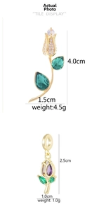 Detail of tulip flower pendants with dimensions showing gold plating and crystal inlay