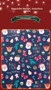 Deep blue Christmas wrapping paper with cartoon Santa, reindeer, and snowflakes patterns