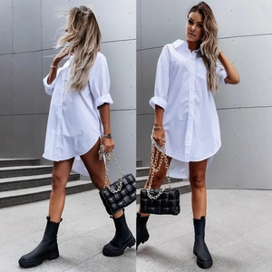 Women's white oversized long sleeve V-neck button shirt with high-low hem in street style
