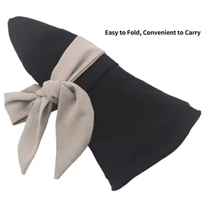 Cappello da sole nero da donna con grande fiocco beige, pieghevole a tesa larga per l'estate