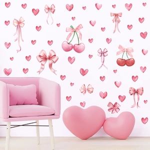 Pink heart and cherry wall stickers for bedroom decoration with butterfly bow patterns