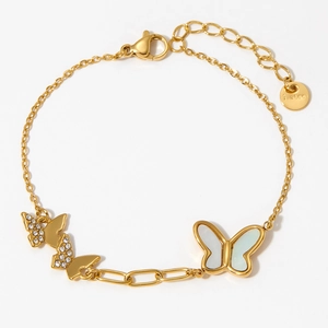 Gold stainless steel butterfly bracelet featuring shell inlay and sparkling crystals