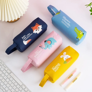 Detailed view of four colorful canvas animal pencil bags with handles for stationery