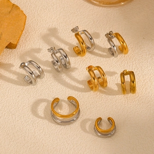 C Shaped Hoop Earrings And Ear Cuffs Stainless Steel 18K Gold Plated Double Line Chunky Two Tone Polished For Women