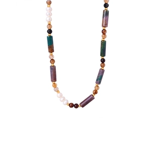 Handmade Natural Crystal Stone And Freshwater Pearl Titanium Steel Necklace Retro Clavicle Chain Jewelry For Women