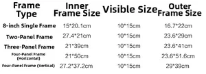 Detailed size guide for wooden frames showing dimensions for various multi-photo layouts