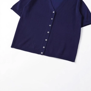 Navy blue short sleeve knit cardigan with V-neck and pearl buttons on white background