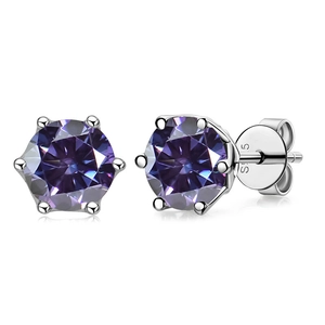 Detail of S925 sterling silver earrings with purple moissanite in six-prong setting