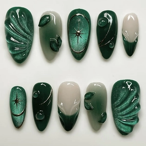Press On Nails ABS Plastic 3D Relief Cat Eye French Tip Almond Shape Elegant Green Wave Ripple