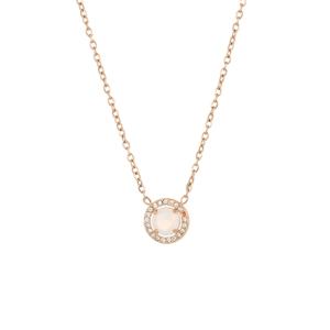 Elegant rose gold necklace with white opal pendant and small diamonds on white background
