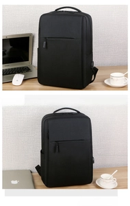 Detail view of black minimalist laptop backpack with USB port and stylish front pocket
