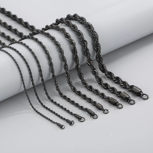 Black titanium steel rope chains in various thicknesses displayed on a white background