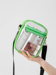 Detail of transparent PVC crossbody bag with neon green edges and black adjustable strap