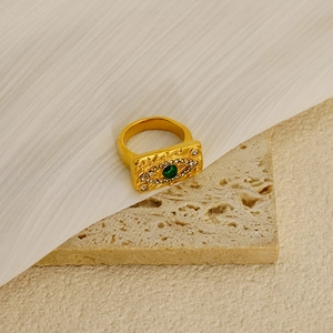 Vintage 18K gold plated stainless steel evil eye ring with malachite and zircon accents