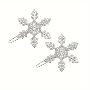 Sparkling snowflake rhinestone hair clips in silver finish, set of 2 fashion hairpins