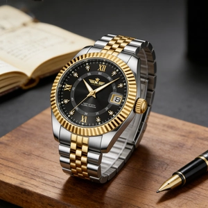 Close-up of luxury men's quartz watch with gold and silver steel band on wood surface