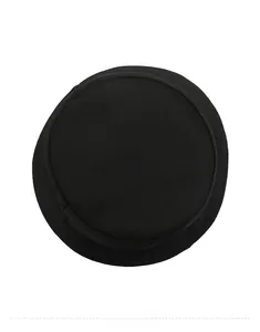 Top down view of a black bucket hat showing the flat top crown and cotton fabric texture