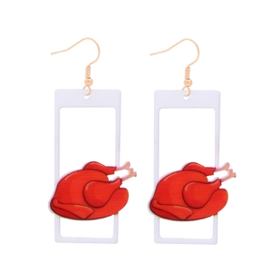 Detail of creative Thanksgiving earrings featuring red roasted turkey charms and white frame