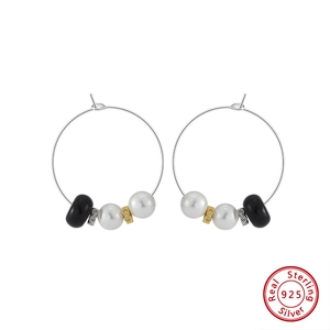 Retro S925 sterling silver hoop earrings with natural obsidian beads and white pearls