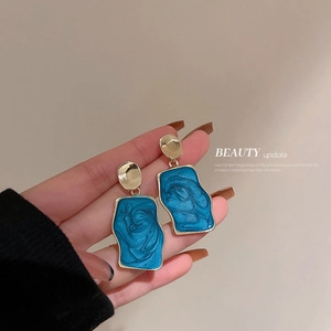 Orecchini Pendenti Geometrici Irregolari Con Perno In Argento Stile Pittura Ad Olio Blu Gioielli Retro Artistici Per Donne