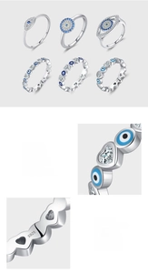 Macro detail showing S925 sterling silver stamp and bezel-set blue evil eye zircon stones