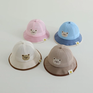 Breathable summer sun hat for kids featuring mesh panels and cute bear embroidery
