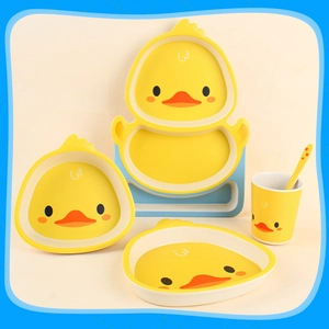 Cute yellow duck children dinnerware set with divided plate, bowl, cup and spoon
