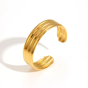 Bracelet jonc ouvert élégant en acier inoxydable plaqué or 18 carats à triple nervures